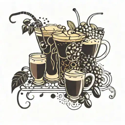 A patchwork tattoo design of various cocktail glasses intertwined with coffee beans, reflecting your occupation as a bartender and love for coffee tattoo design idea
