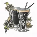 A patchwork tattoo design of various cocktail glasses intertwined with coffee beans, reflecting your occupation as a bartender and love for coffee tattoo design idea