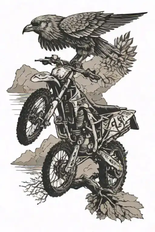 mountains with 3 birds flying with old dirtbike parked on a tree tattoo design idea