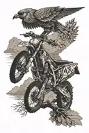 mountains with 3 birds flying with old dirtbike parked on a tree tattoo design idea