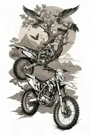 mountains with 3 birds flying with old dirtbike parked on a tree tattoo design idea