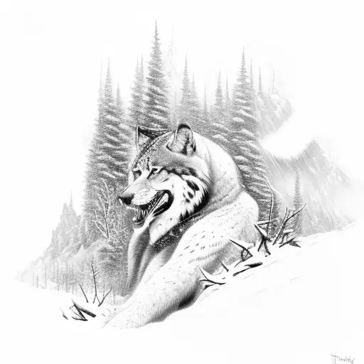 A hunter stealthily tracking his prey through a dense forest with snow-covered peaks in the background tattoo design idea