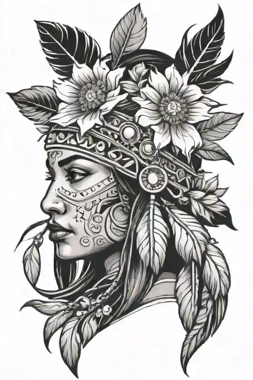 Native American traditional floral lady head tattoo design idea