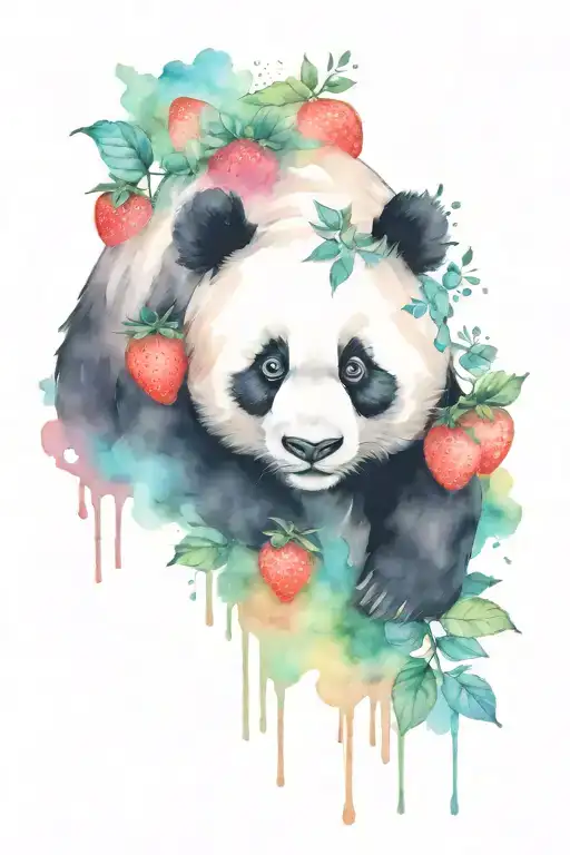panda and strawberry tattoo design idea