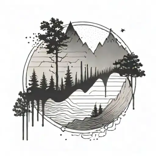 A minimalist black-grey tattoo of a waveform pattern representing a favorite song, with subtle forest elements in the background tattoo design idea