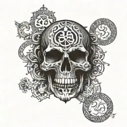 skull and om hindi text on a black tattoo design idea