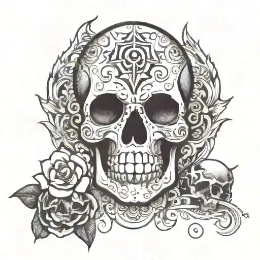 om hindi text and skull and  rouse tattoo design idea