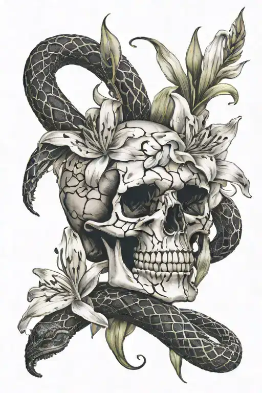 Shattered skull with black rat snake and white lily flowers  tattoo design idea