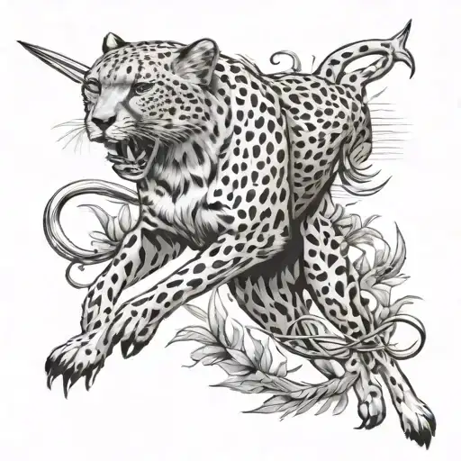 A cheetah sprinting through a field of food with Poseidon's trident in its mouth tattoo design idea