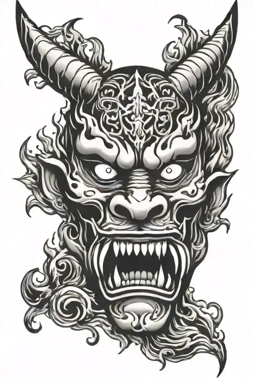 oni mask surrounded by flames left arm tattoo design idea