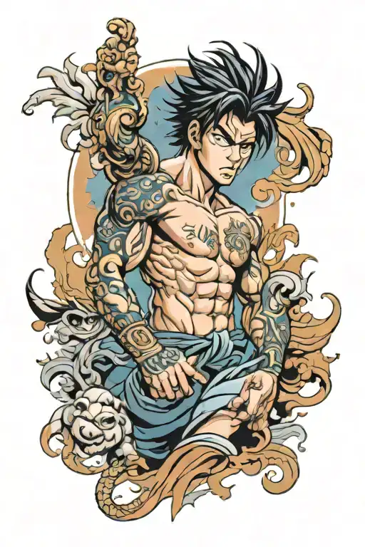 Anime sleeve blend incorporating Baki, Toji, gojo tattoo design idea