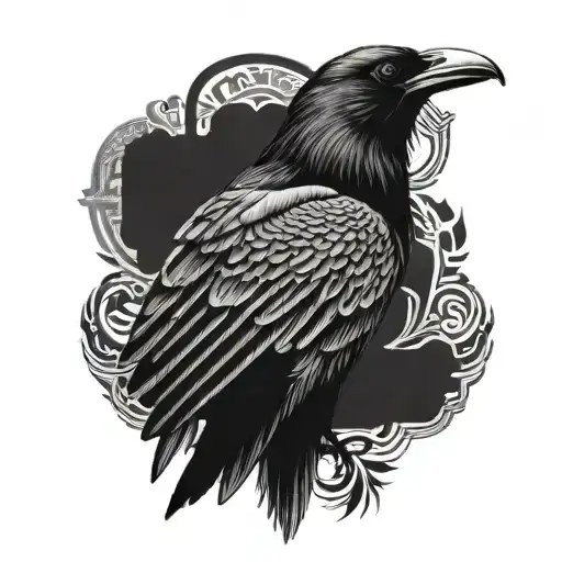 A detailed black and grey tattoo of a crow with intricate Egyptian hieroglyphics in the background tattoo design idea