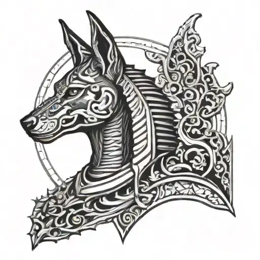 A blackwork tattoo of Anubis, the Egyptian god of the afterlife, with a crow perched on his shoulder tattoo design idea