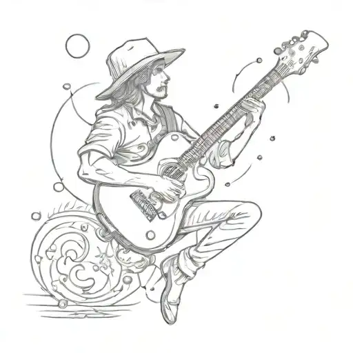 A surrealistic guitar player under a moonlit sky filled tattoo design idea
