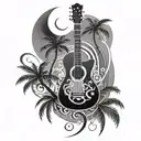 guitar with musical notes around it with palm tree and moon tattoo design idea