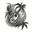 guitar with musical notes around it with palm tree and moon tattoo design idea