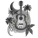 guitar with musical notes around it with palm tree and moon tattoo design idea