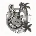 guitar with musical notes around it with palm tree and moon tattoo design idea