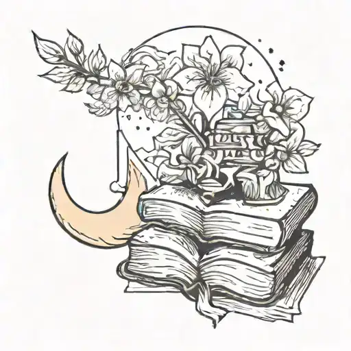 A stack of books with the Sagittarius glyph hidden within the pages, with fire coming out of book, and a moon and flower tattoo design idea