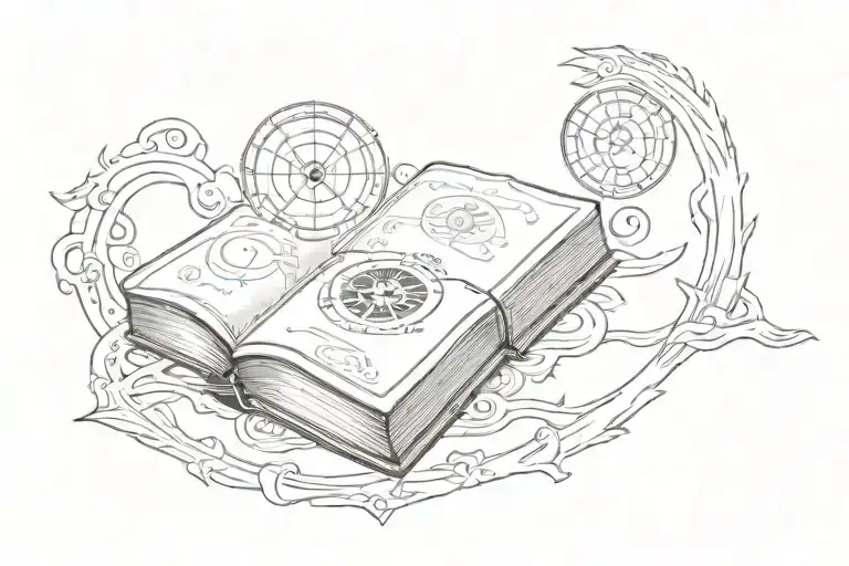 Books with fire, sagitarrius glyph and moon phases tattoo design idea