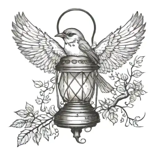 A graceful nightingale perched on a lantern in a mystical forest setting tattoo design idea
