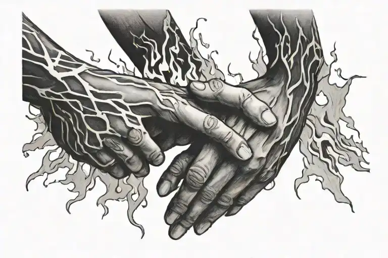2 hands shaking, 1 is on fire tattoo design idea