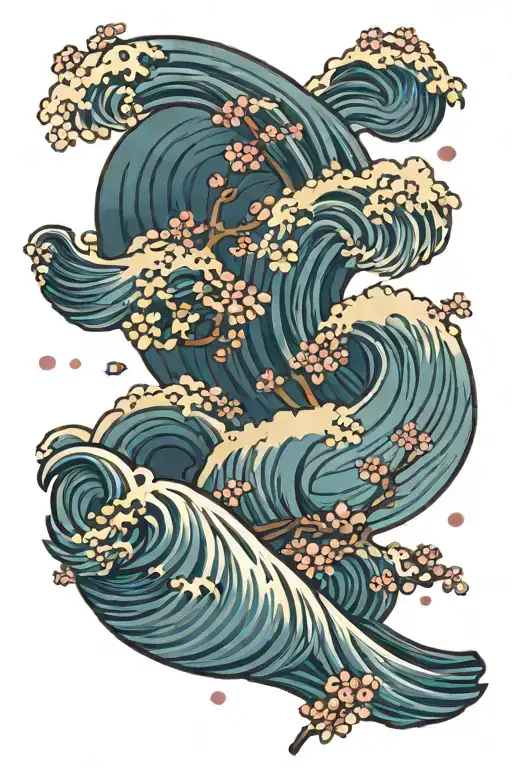 wave of kanagawa wave with cherry blossom tattoo design idea