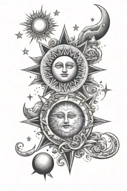 Sun moon stars with the names Korey, Kaden, Arya tattoo design idea