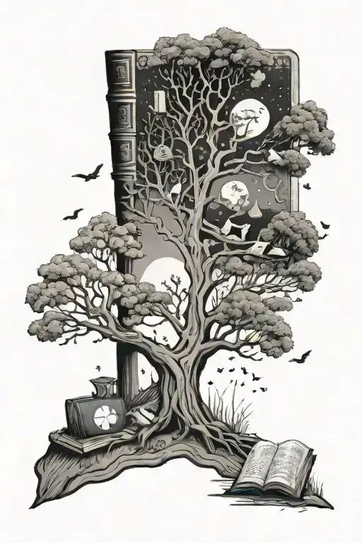 book sleeve including giving tree and goodnight moon tattoo design idea