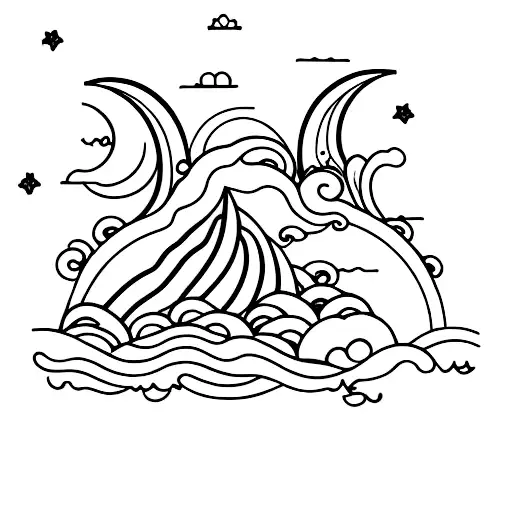 waves with moon clouds and lotus  tattoo design idea