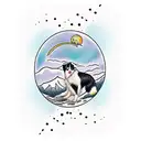 border collie with mountains and a moon only black ink tattoo design idea