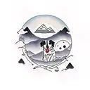border collie with mountains and a moon only black ink tattoo design idea