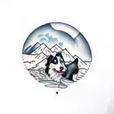border collie with mountains and a moon only black ink tattoo design idea