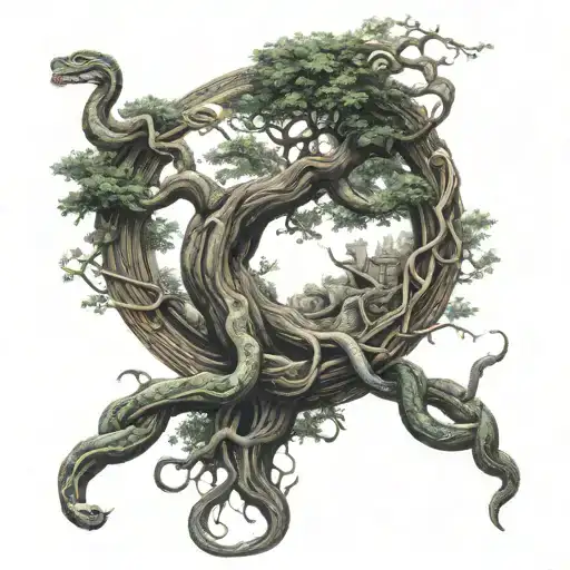 tree of life + 2 entwined snakes tattoo design idea
