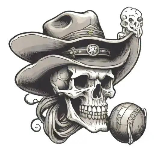 A skull wearing a cowboy hat holding a beer mug with a sports ball in the background tattoo design idea