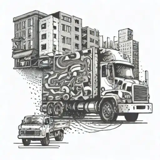 An abstract dotwork design of a truck driver navigating through a busy cityscape tattoo design idea