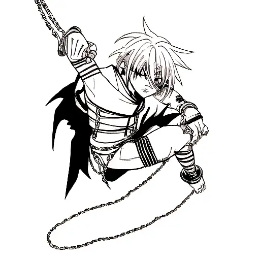 create a tattoo on a left mans arm with sukuna lines at the wrist and elbow with kurapikas chains in between  tattoo design idea