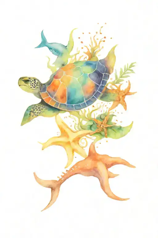 turtle sting ray octopus shark starfish whale swimming tattoo design idea