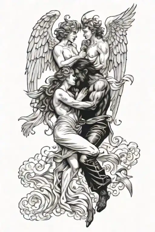 angel and devil fighting each other while holding hands  tattoo design idea