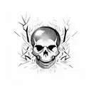 A skull made of shattered vinyl records with flames coming out of its eye sockets tattoo design idea