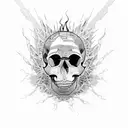 A skull made of shattered vinyl records with flames coming out of its eye sockets tattoo design idea