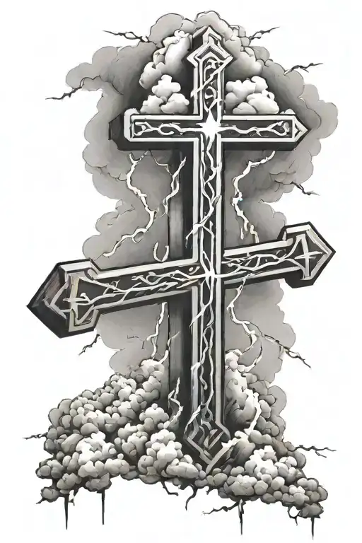 three crosses with clouds surrounding and lightning tattoo design idea