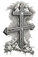 three crosses with clouds surrounding and lightning tattoo design idea