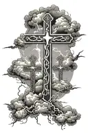 three crosses with clouds surrounding and lightning tattoo design idea