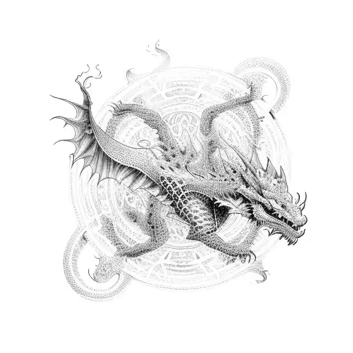 A dotwork dragon entwined with intricate geometric patterns tattoo design idea