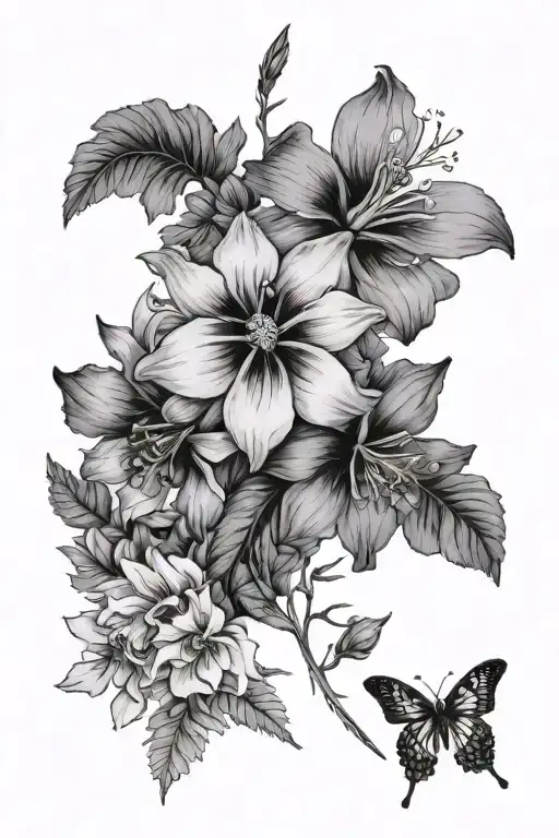 larkspur, cosmos, one columbine, jacaranda flowers, fern  tattoo design idea