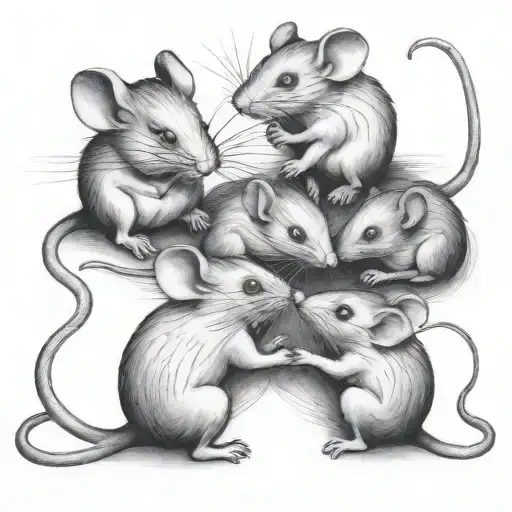 four mice, playing together with a line art tattoo design idea