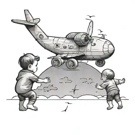 A minimalist tattoo of a baby boy reaching out towards a plane, with his parents beside him, in a black and grey style tattoo design idea