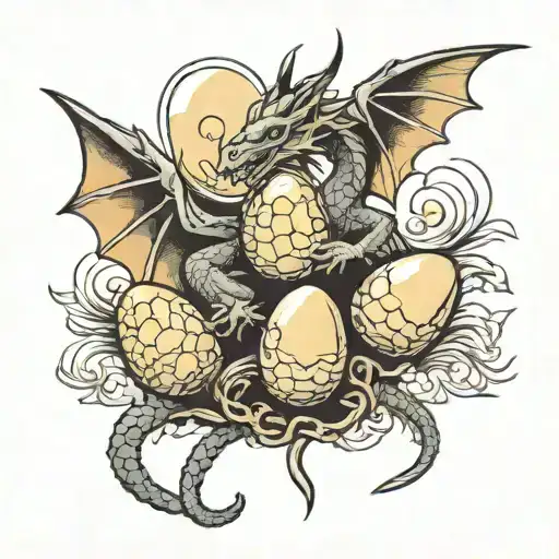 dragon, 2 cracked eggs, wings, tail wrapped around eggs tattoo design idea