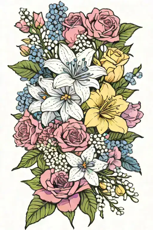 bouquet of lilac, larkspur, gladiolus, daisy, baby's breath, forget me not, narcissus, cosmos, carnation, roses  tattoo design idea